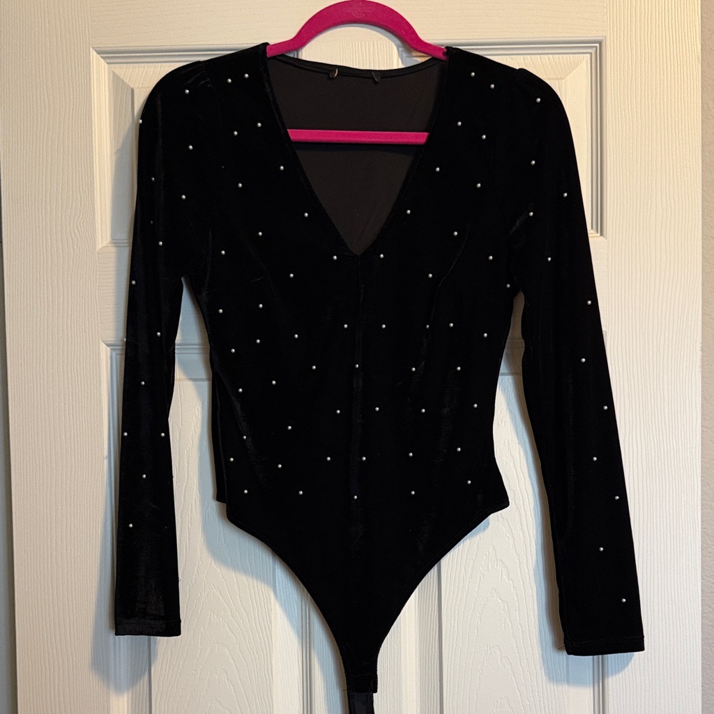 Black Velvet Bodysuit With Pearls